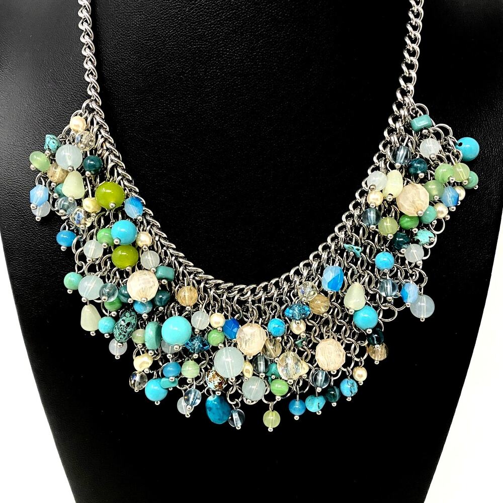 Coldwater Creek NWOT Turquoise Blue Glass Gemstone Bead Cluster Bib Necklace 18"